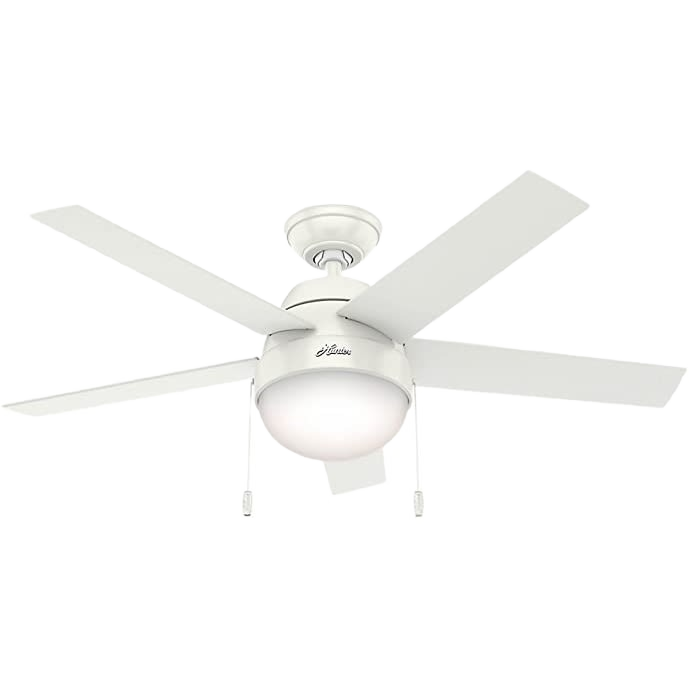 White ceiling fan with five reversible blades and integrated light for indoor home improvement and decor collections