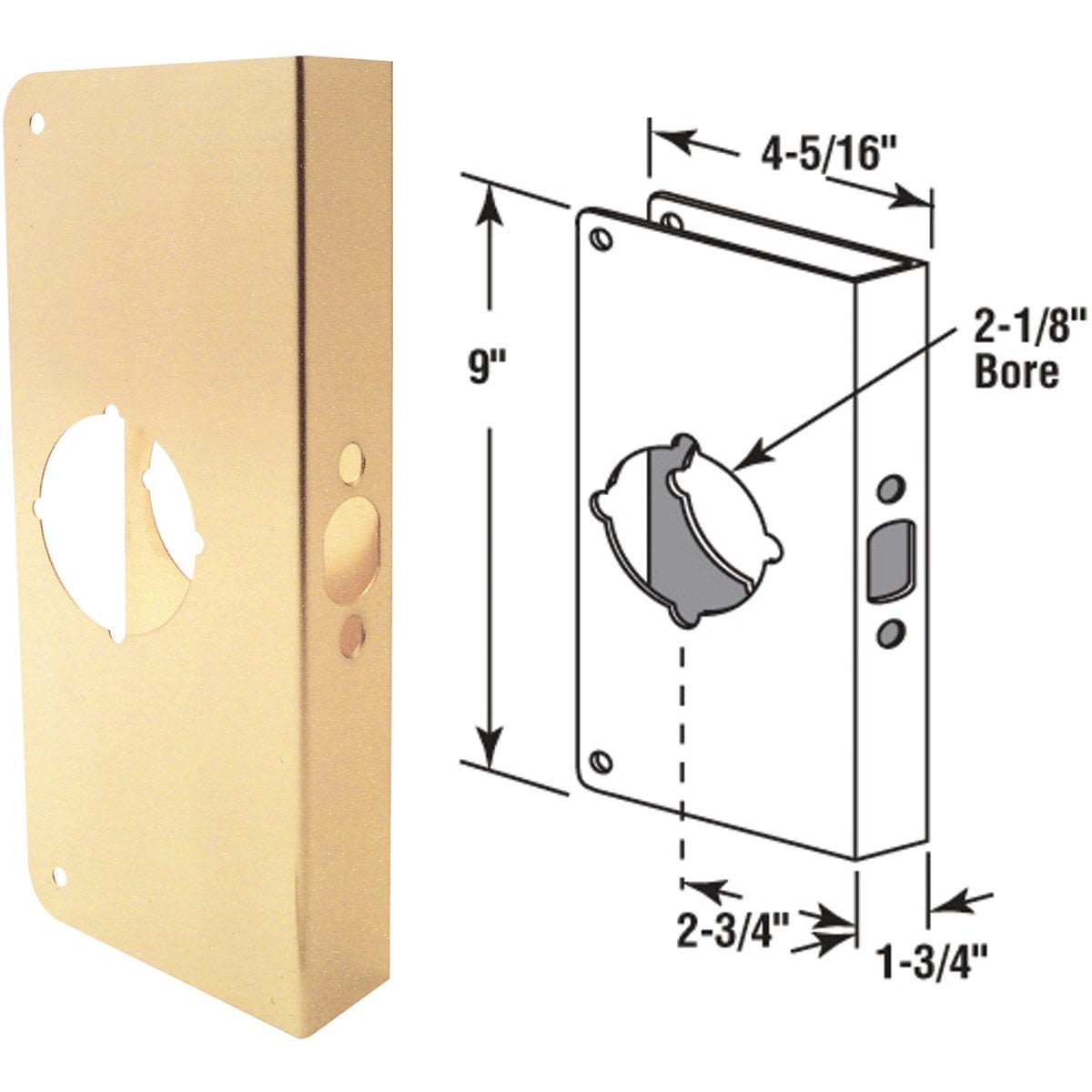Brass door reinforcer plate with dimensions and bore size for home improvement hardware under $50 collection