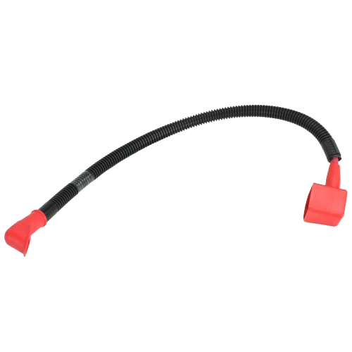 Flexible black protective positive battery cable with red insulated connectors for tools and home improvement projects