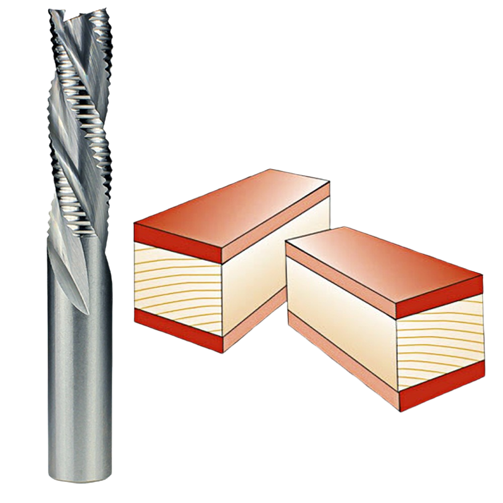 Spiral downcut roughing bit cutting smooth edges into hardwood blocks for woodworking and home improvement tools