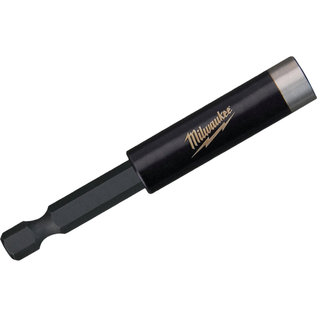 Black and steel magnetic bit holder with Milwaukee logo for tool accessories and power tool collections