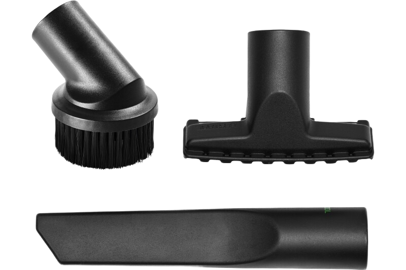 Three-piece black vacuum cleaning accessory set with brush, crevice, and upholstery nozzles for dust collector tools