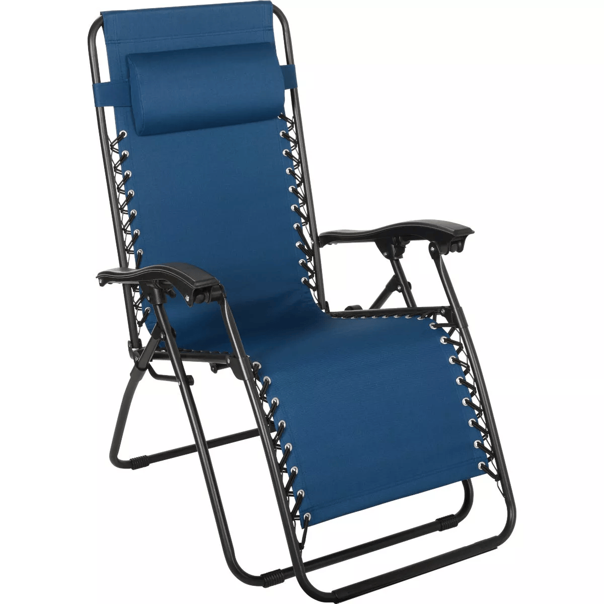 Blue zero gravity convertible lounge chair with padded headrest and black steel frame designed for patio furniture and outdoor living spaces.