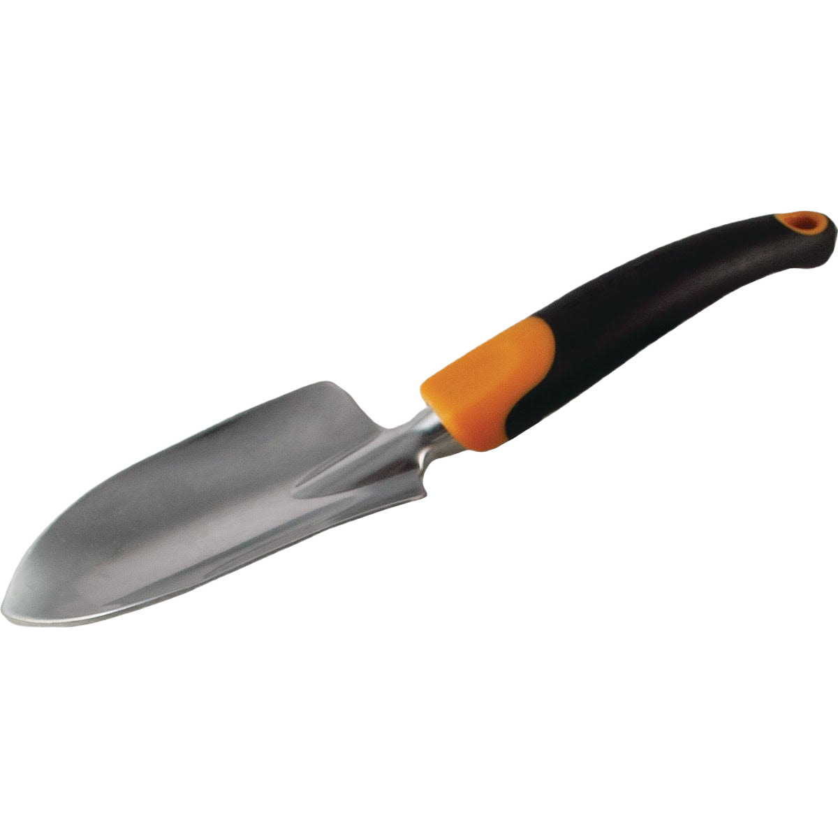 Garden trowel with ergonomic black and orange handle and durable metal blade for tools and home improvement tasks