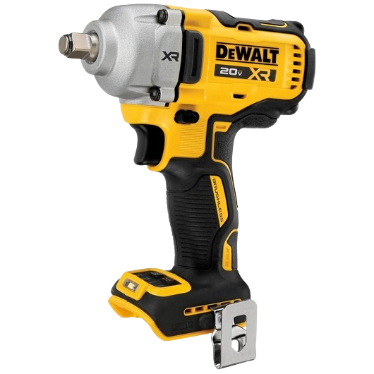 Cordless yellow and black mid-range impact wrench with ergonomic grip and metal hog ring anvil for home improvement tasks