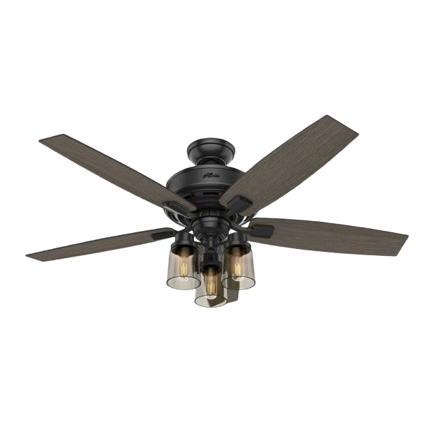 Matte black ceiling fan with five wood-tone blades and three smoked glass light fixtures for indoor living spaces