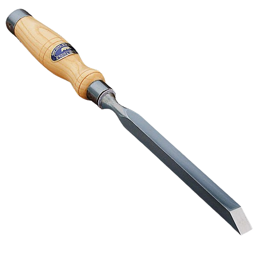 Wood-handled mortising chisel with sharp beveled steel blade for precise woodworking and home improvement tasks