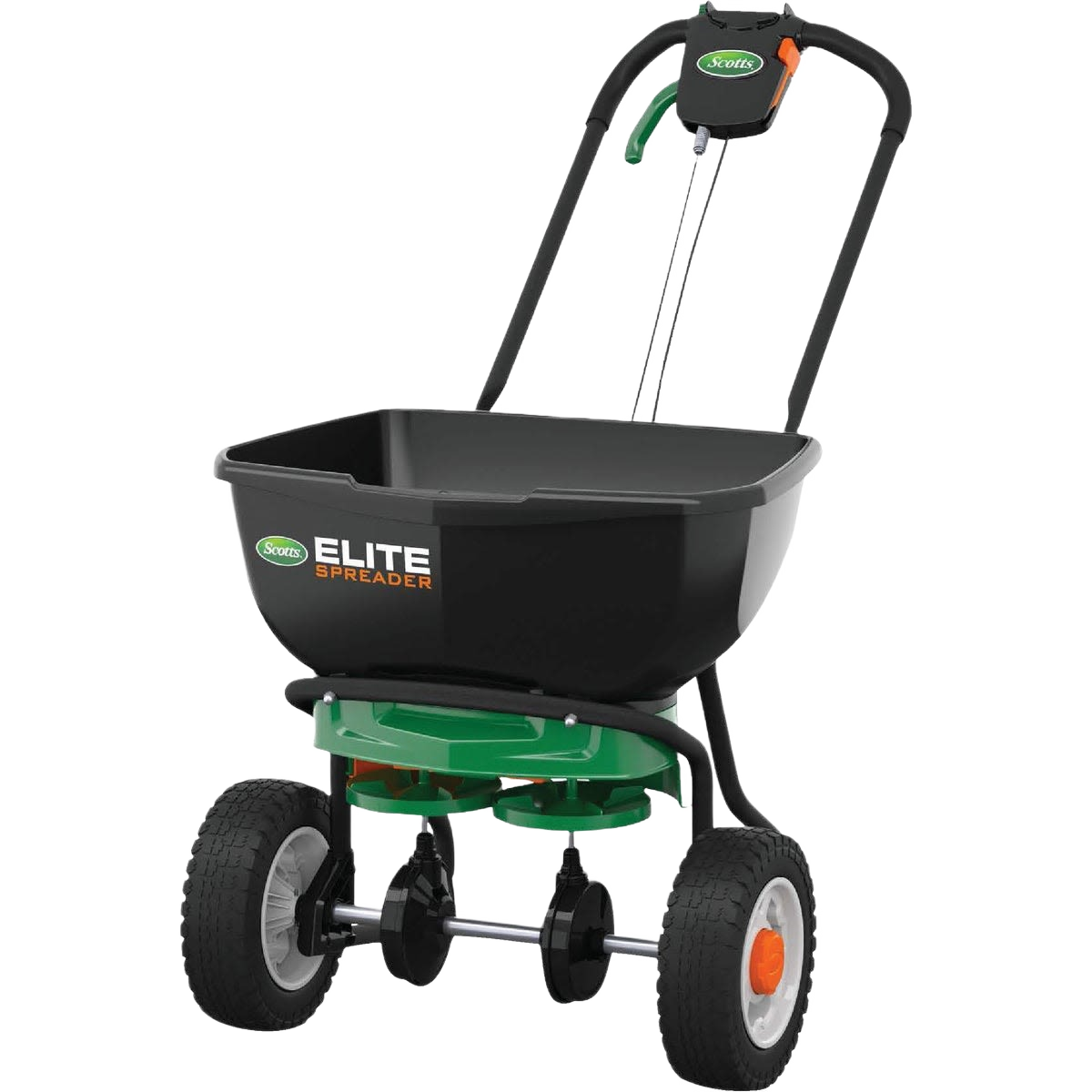 Black and green Scotts Elite Broadcast Push Spreader with large tires for lawn care and garden tool use