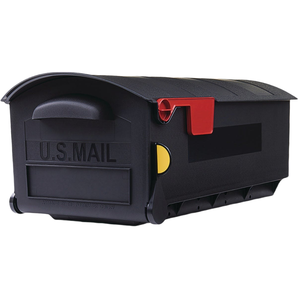 Black plastic post mount mailbox with red flag and embossed U.S. Mail label for home improvement use