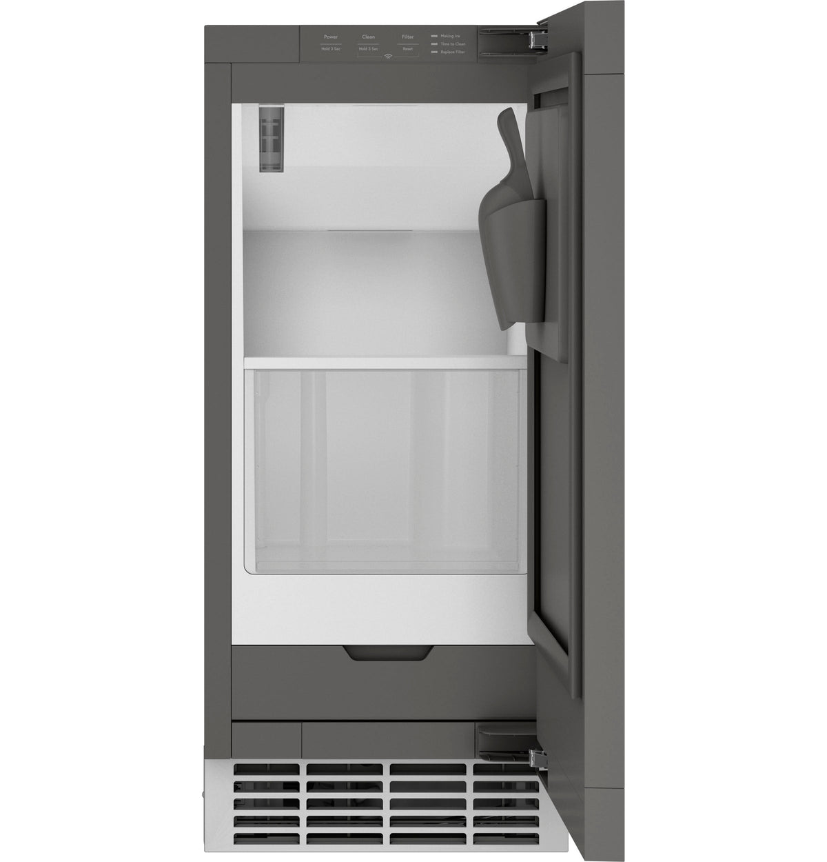 Compact panel-ready ice maker with nugget ice scoop, designed for kitchen and appliance collections including refrigerators.