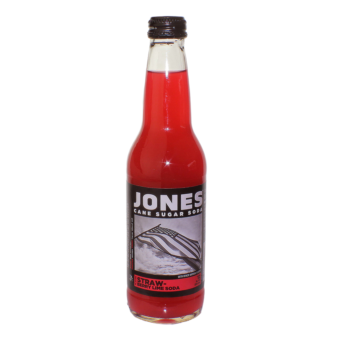 Glass bottle of Jones Strawberry Lime Soda made with pure cane sugar in food and beverage collections under $50