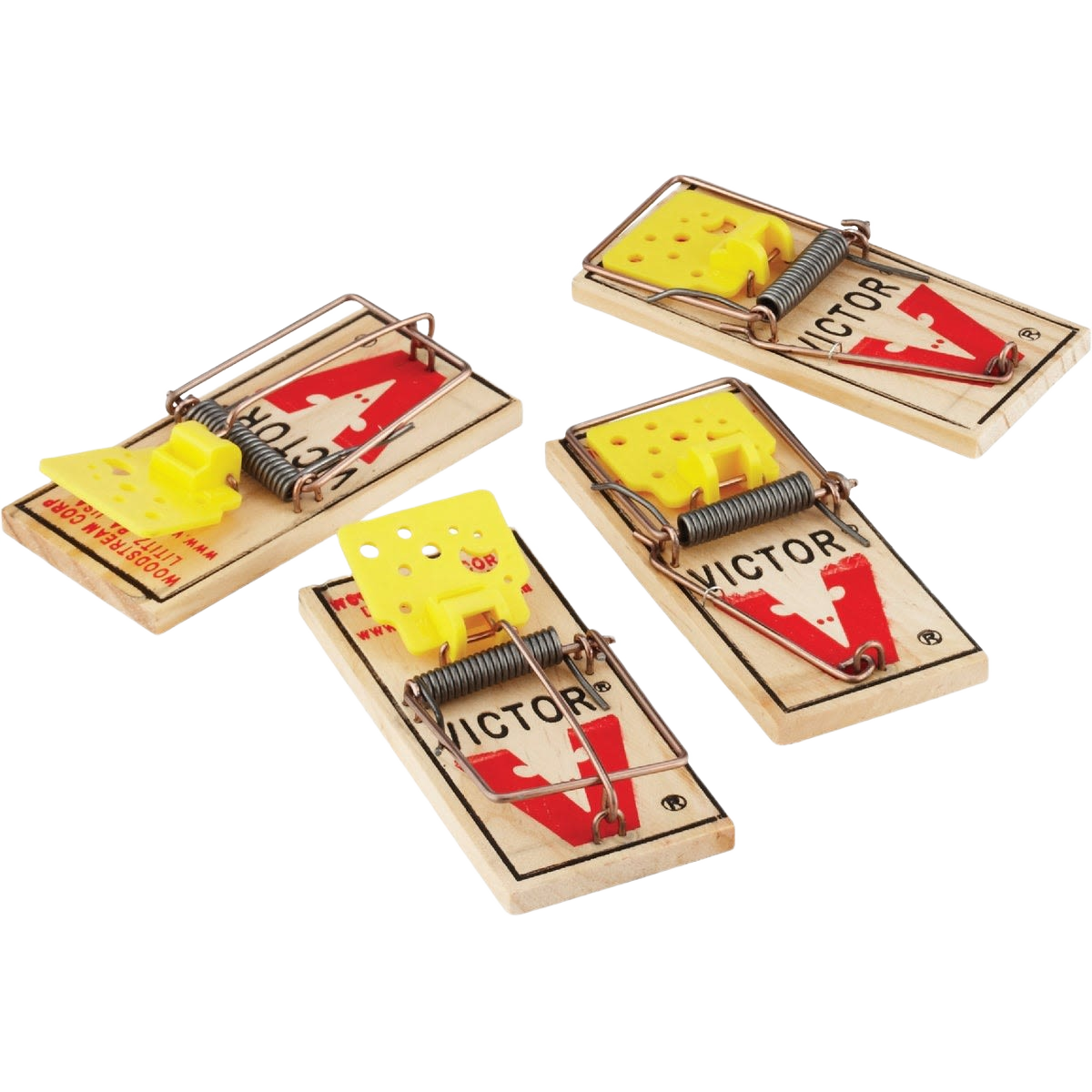 Set of four wooden mouse traps with yellow plastic pedals for indoor rodent control in pest and lawn collections