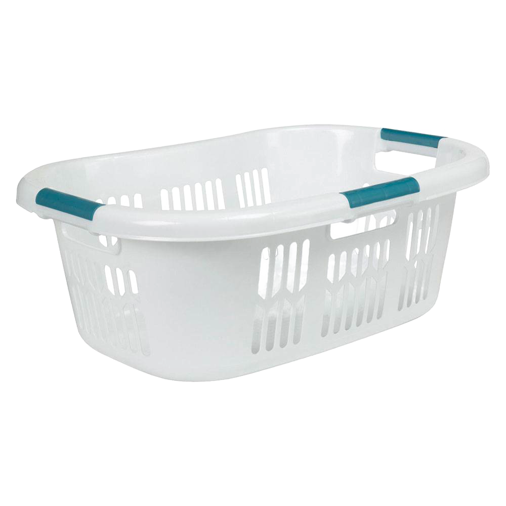 White plastic laundry basket with three blue-grip handles for easy carrying, part of laundry supplies and storage collections