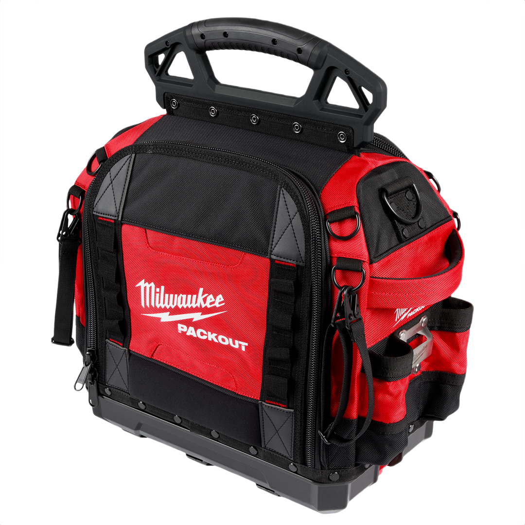 Red and black Milwaukee PACKOUT™ tool bag with reinforced handle and multiple exterior pockets for tool storage and organization