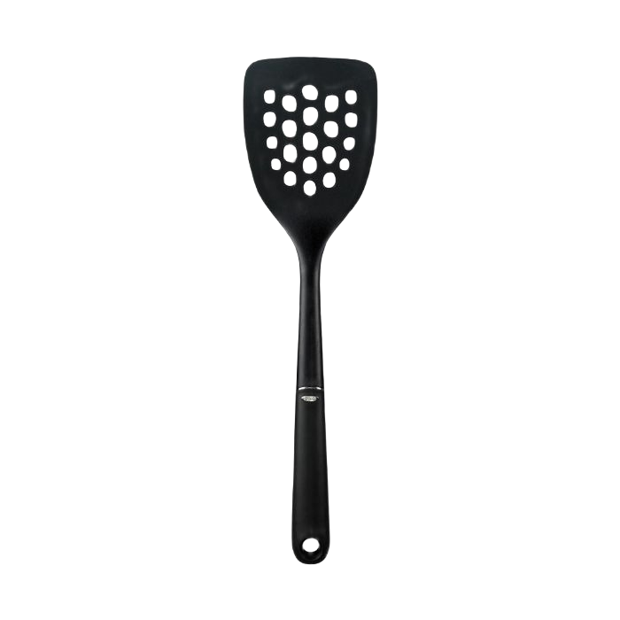 Black nylon square turner with perforated head and comfortable handle for kitchen utensils and cookware collections under $50