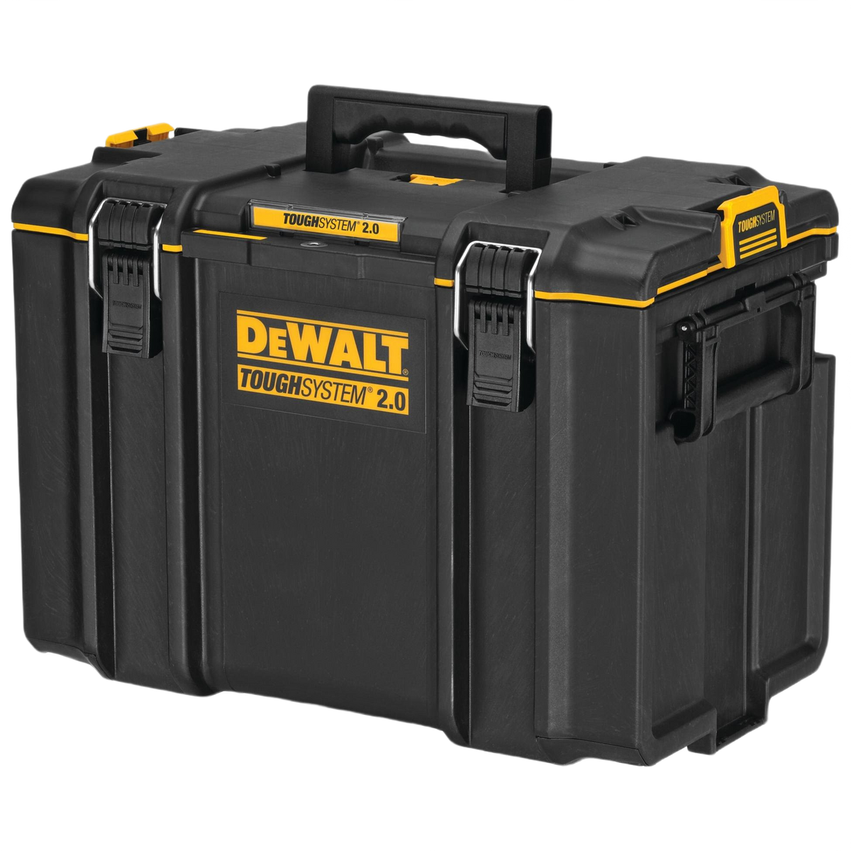 Black and yellow durable storage toolbox with reinforced latches for jobsite and workshop organization needs
