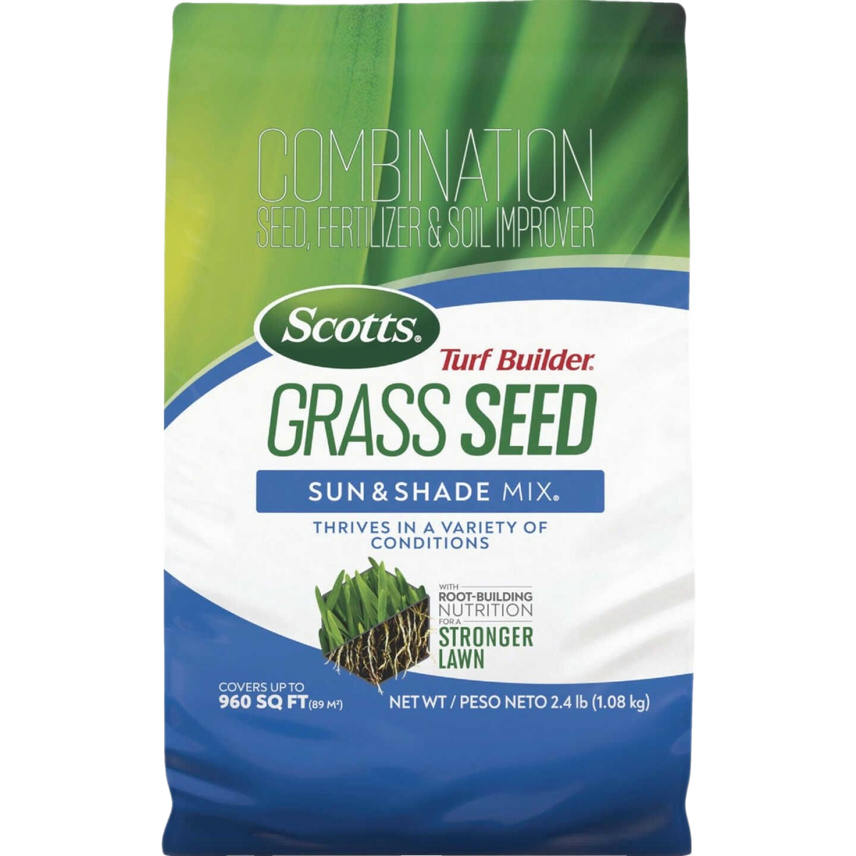Bag of Scotts Turf Builder grass seed mix for sun and shade lawns in lawn care and grass seed collections