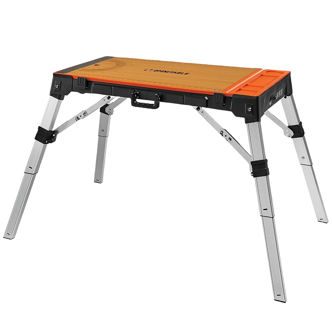 Adjustable leg workstation with wood-look top and orange tool tray designed for versatile home improvement tasks