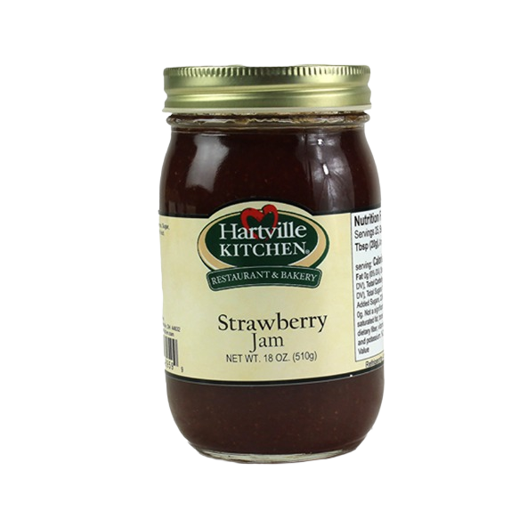 Glass jar of Hartville Kitchen strawberry jam with gold lid from jams and jellies collection