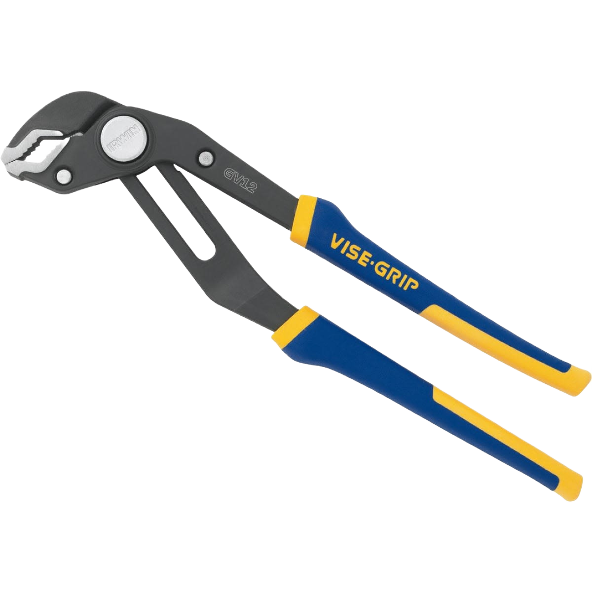 Blue and yellow handle groove joint pliers with adjustable V-jaw for gripping in tools and home improvement tasks