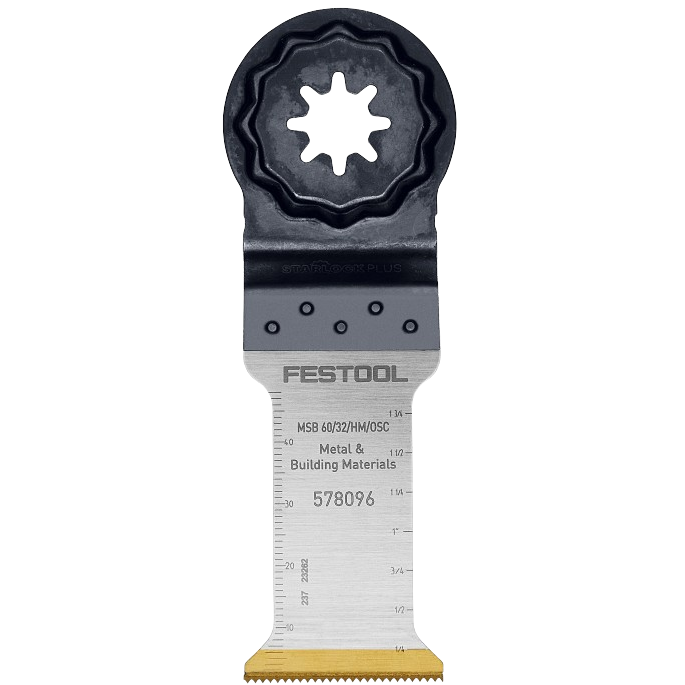 Oscillating tool blade with carbide teeth and ruler marks for precision cutting in woodworking and power tool accessories.