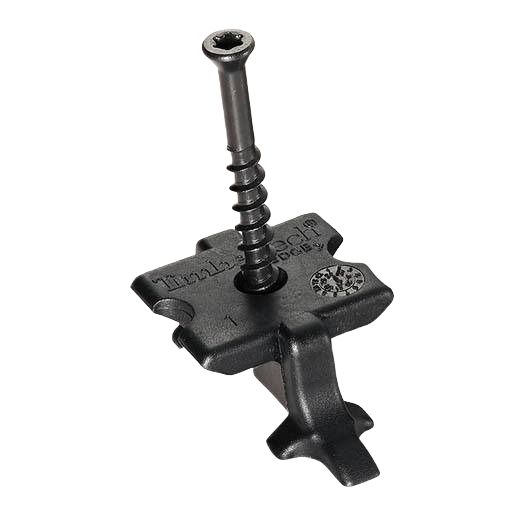Close-up of black plastic hidden fastener with attached screw for decking installation in home improvement projects