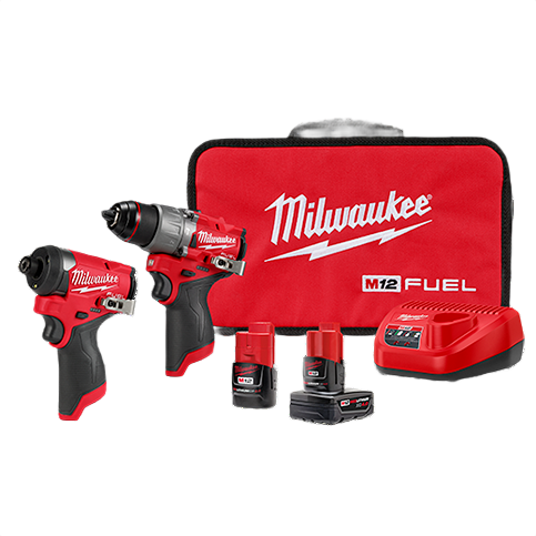 Red and black compact cordless drill and impact driver kit with batteries, charger, and carrying case in power tools collection