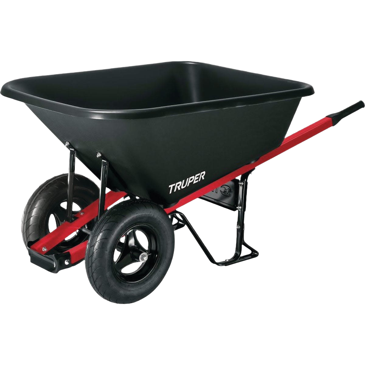 Contractor-grade poly wheelbarrow with dual wheels and red steel frame for outdoor gardening and lawn tools tasks