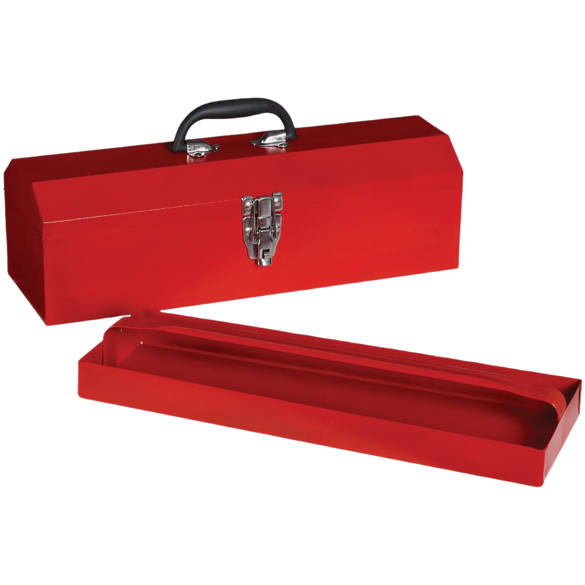 Red metal toolbox with hip roof design, steel construction, and black grip handle for tool storage and workshop organization