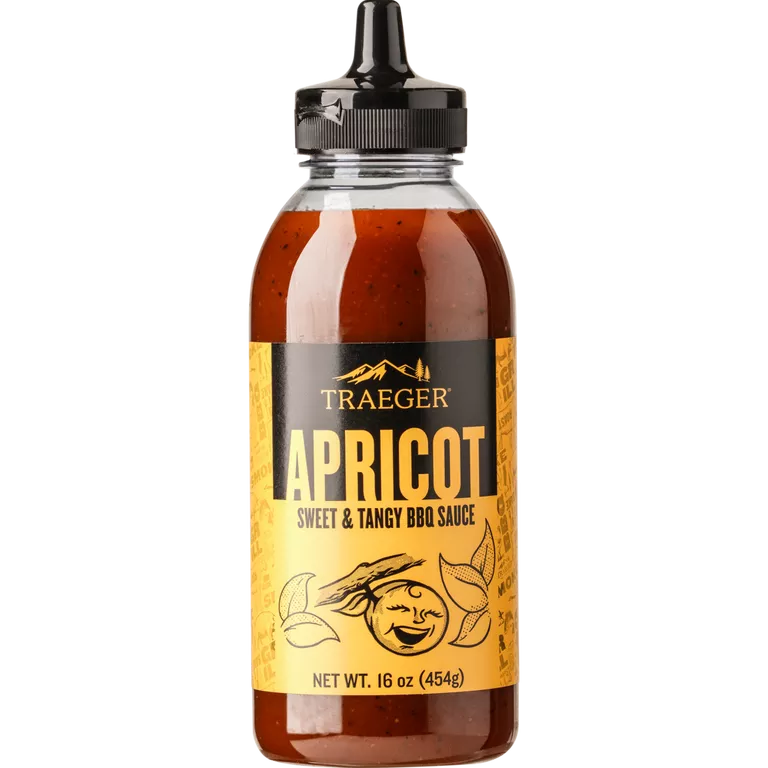 Bottle of Traeger Apricot BBQ Sauce with sweet and tangy flavor for grilling and outdoor cooking collections