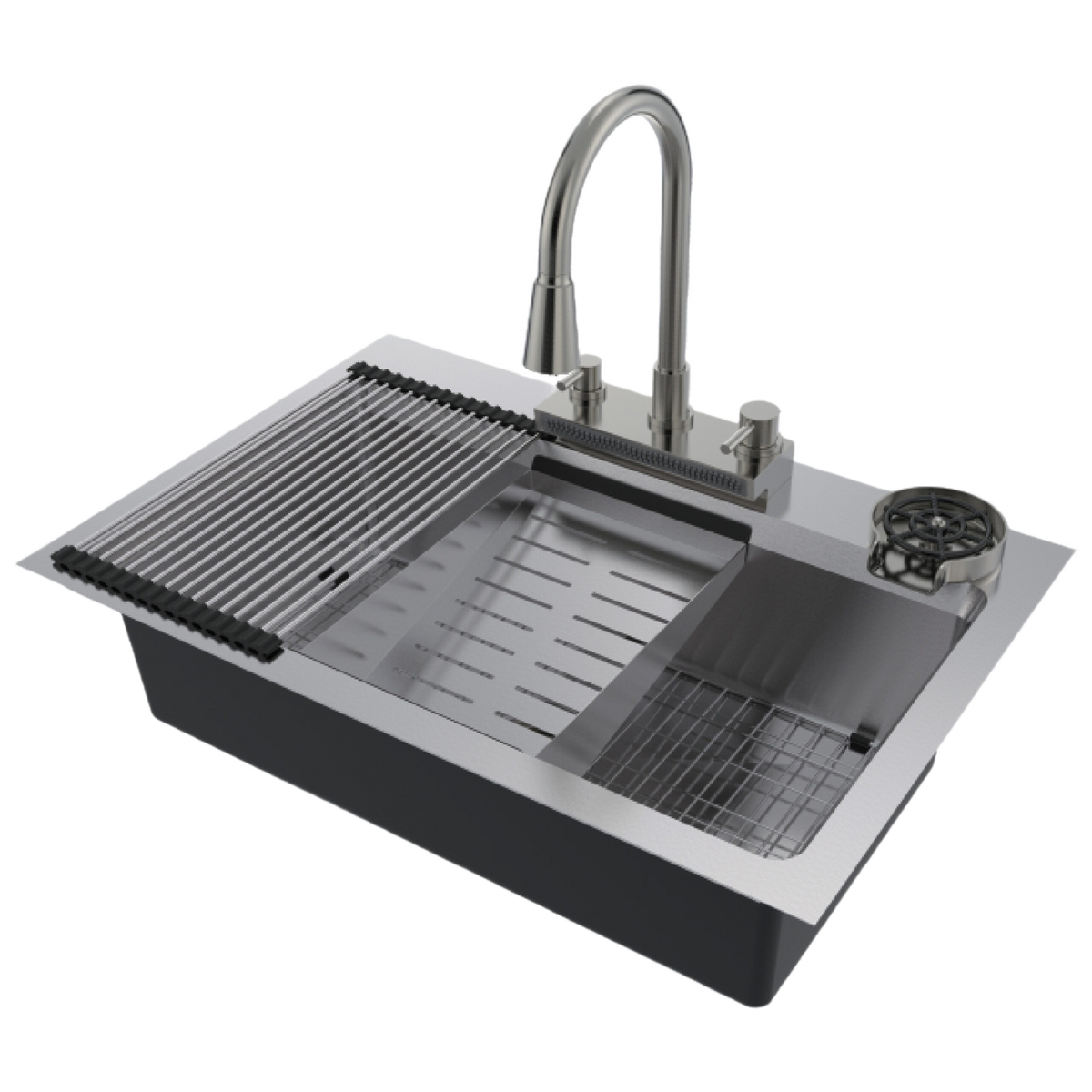 Stainless steel work station sink kit with dual basins, rolling rack, and high-arc faucet for home improvement tasks