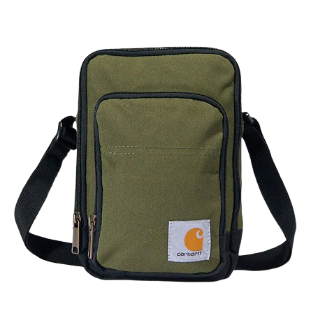 Compact olive green crossbody bag with front zip pocket and adjustable black strap for everyday carry and tools storage