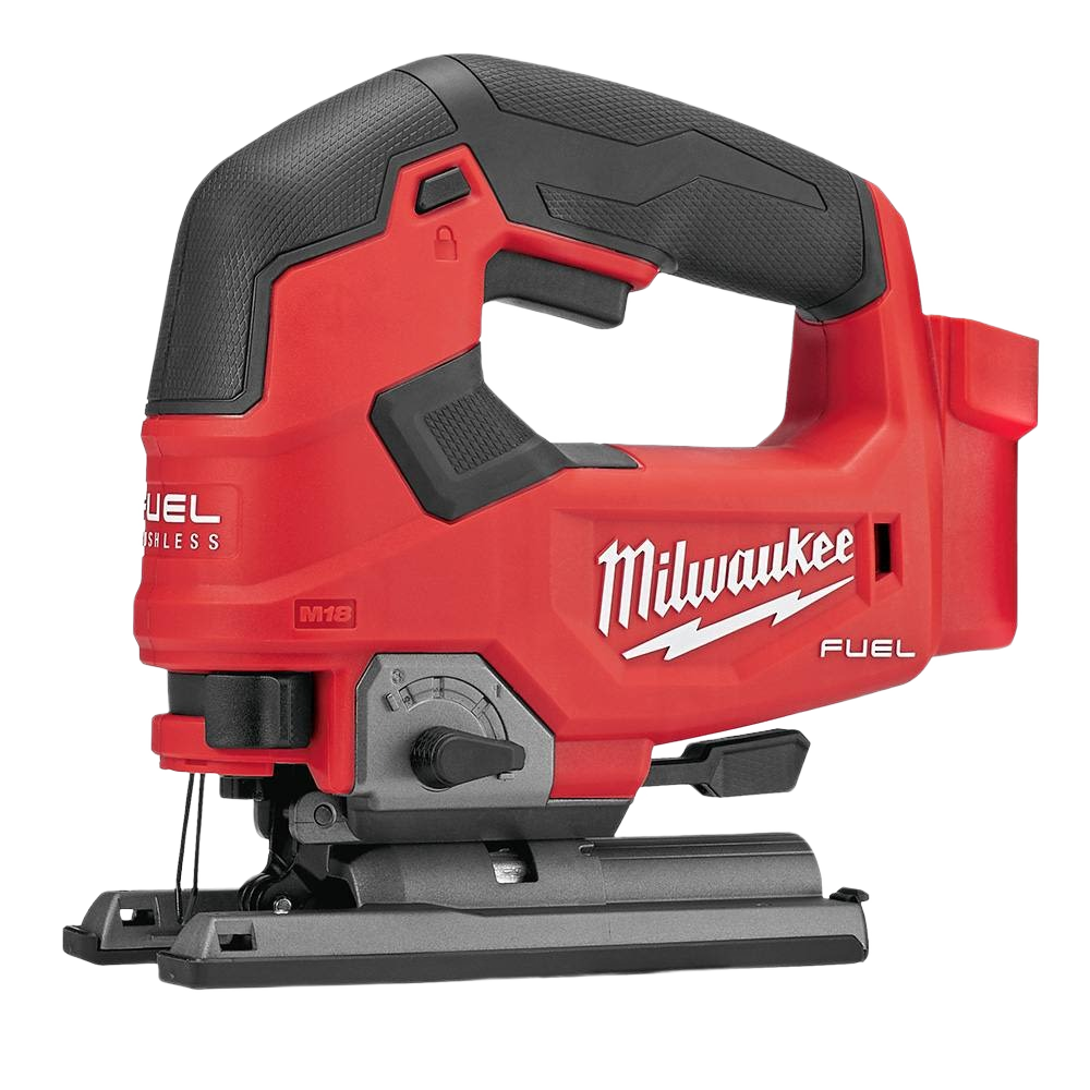 Red and black cordless jigsaw with ergonomic D-handle designed for woodworking and home improvement projects.