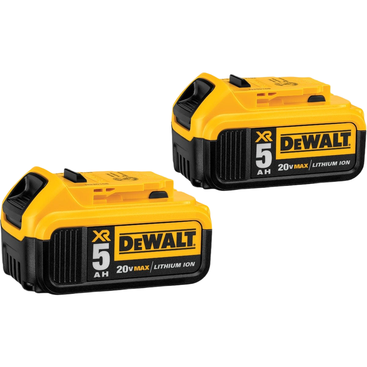 Pair of yellow and black lithium ion power tool batteries rated 20V max and 5Ah capacity for tools and home improvement