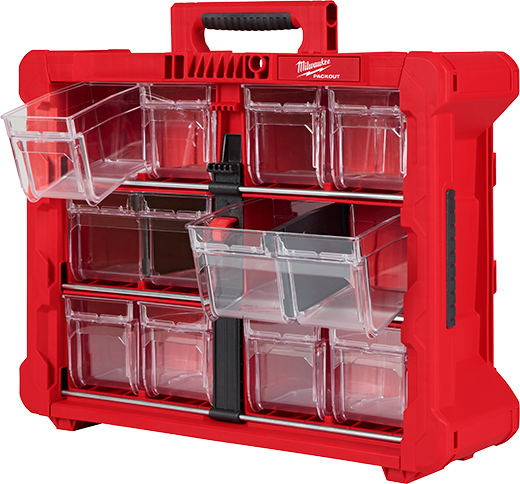 Red Milwaukee storage bin organizer with multiple clear removable bins for small parts and tool accessories.