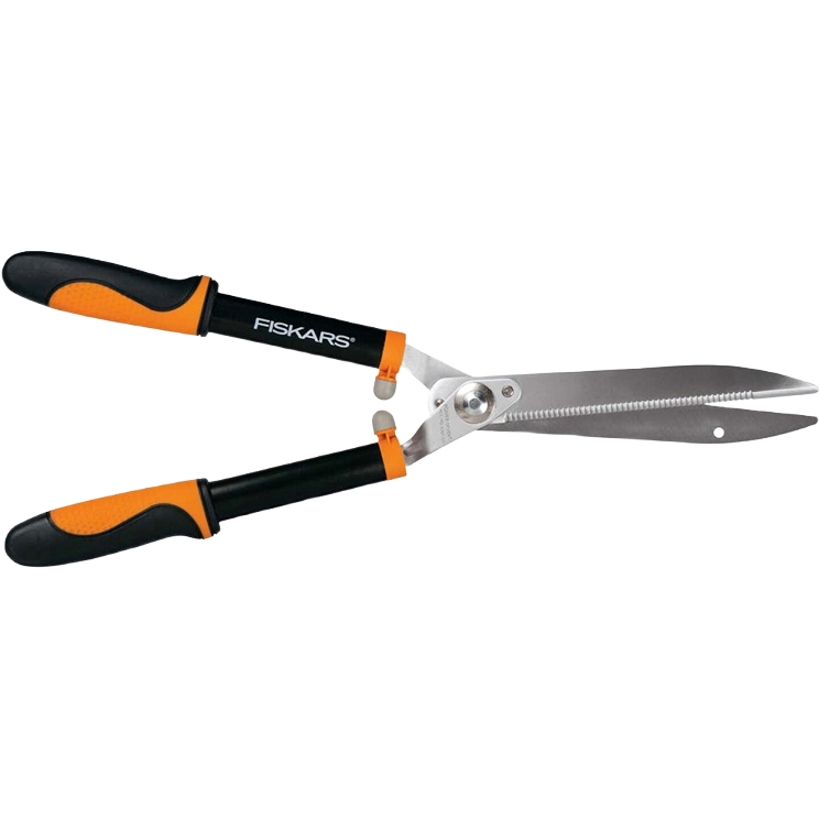 Orange and black soft grip hedge shears with 23-inch stainless steel blades for garden and home improvement tasks
