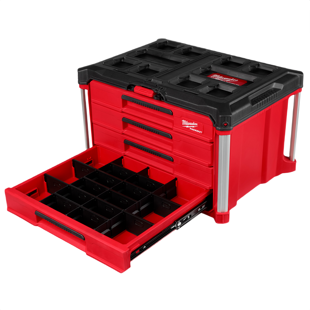 Red and black 4 drawer Milwaukee PACKOUT™ tool box with removable drawer dividers for organized jobsite storage