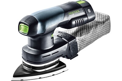 Compact handheld electric detail sander with integrated dust collection bag on a white background for woodworking and home improvement tasks.