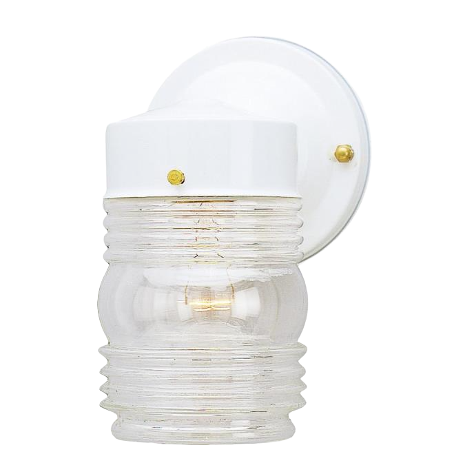 White steel wall-mounted outdoor light fixture with clear ribbed glass for home improvement and outdoor living.