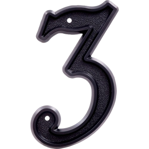Matte black plastic house number 3 with textured surface for outdoor use in signs and house numbers collection