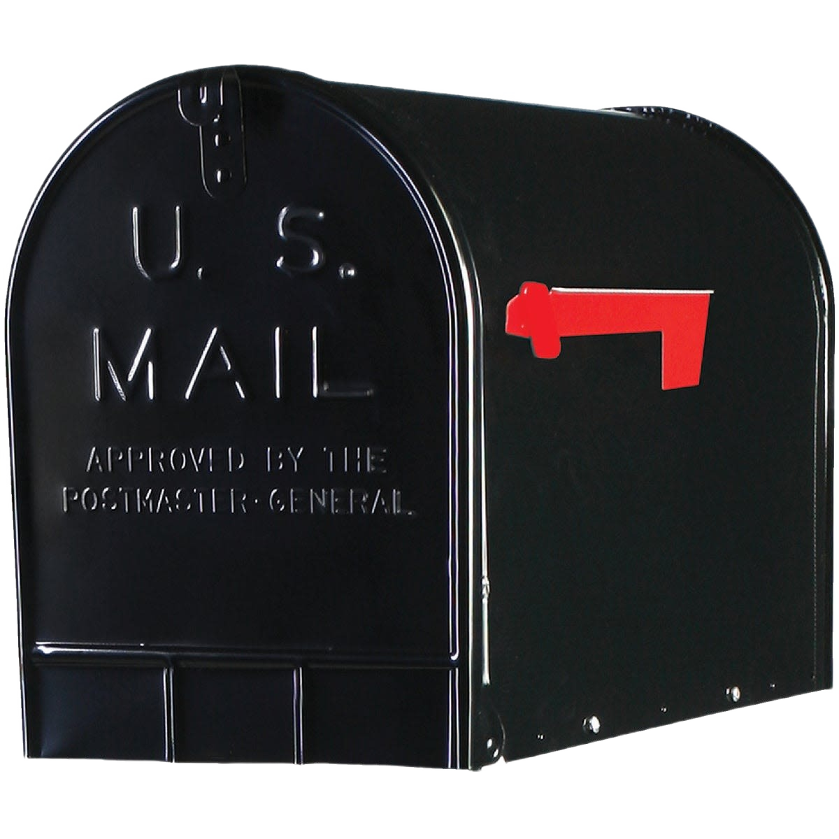 Black rural-style mailbox with red flag and U.S. Mail lettering for tools and home improvement use