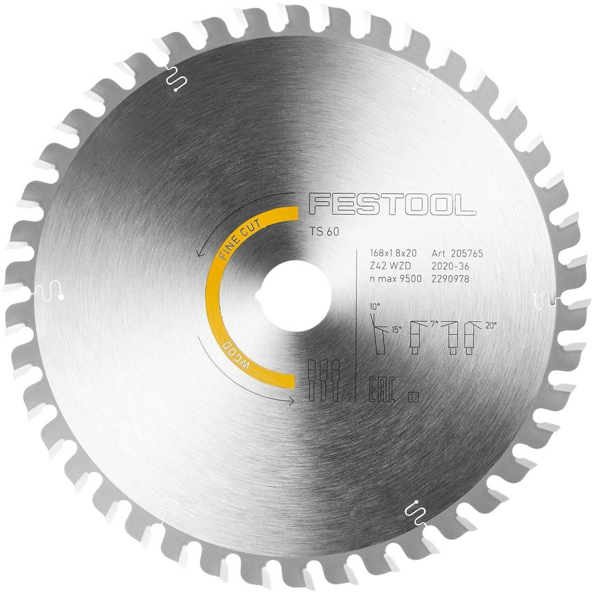 Silver metal circular saw blade with evenly spaced teeth and fine-cut markings for wood cutting in tools and home improvement.