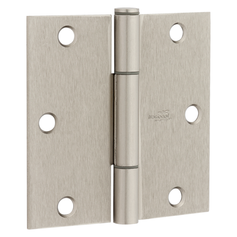 Single satin nickel hinge with square corners and six mounting holes for door hardware and home improvement projects under $50