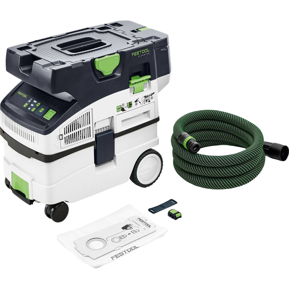 Cordless HEPA filtration dust extractor with hose, filter bag, and accessories for woodworking and air filtration tools.