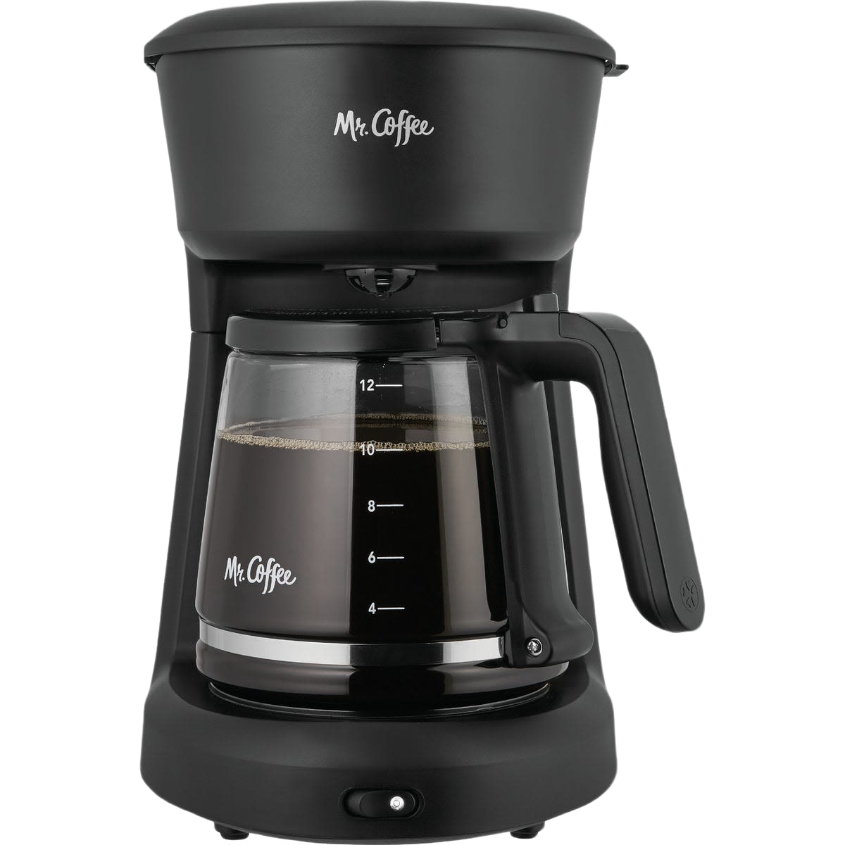Black 12-cup drip coffee maker with glass carafe and easy-to-use switch for home improvement use