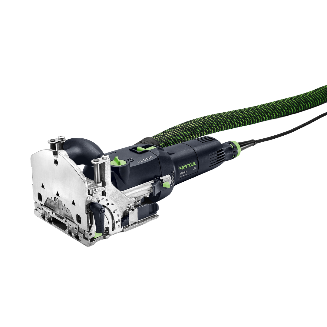 Compact electric joiner with black and green casing, metal base, and attached green dust extraction hose for woodworking projects in power tools collection.
