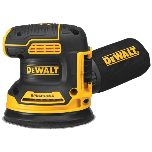 Compact yellow and black brushless random orbital sander with dust collection bag for home improvement tasks