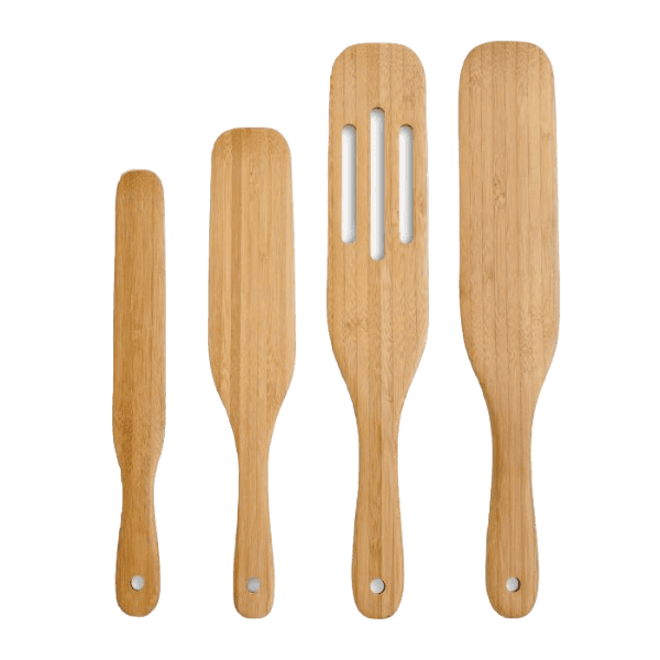Set of four bamboo kitchen spatulas with varied shapes and slotted design for versatile cooking and food preparation use