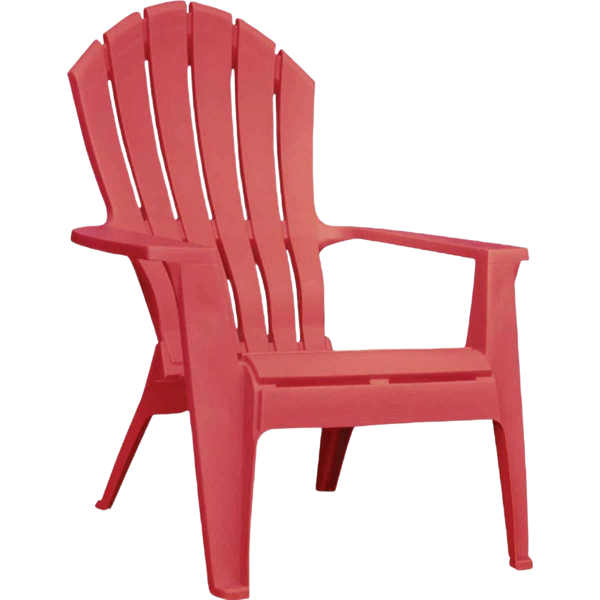 Cherry red resin Adirondack chair with wide slats and armrests for outdoor relaxation and home improvement use