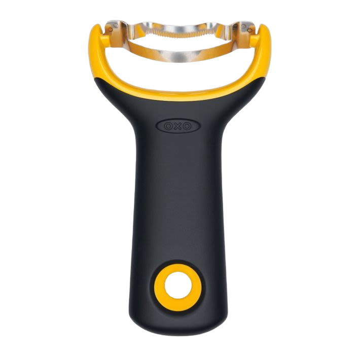 Black and yellow ergonomic corn prep peeler with wide stainless steel blade for kitchen gadgets under $50 collections